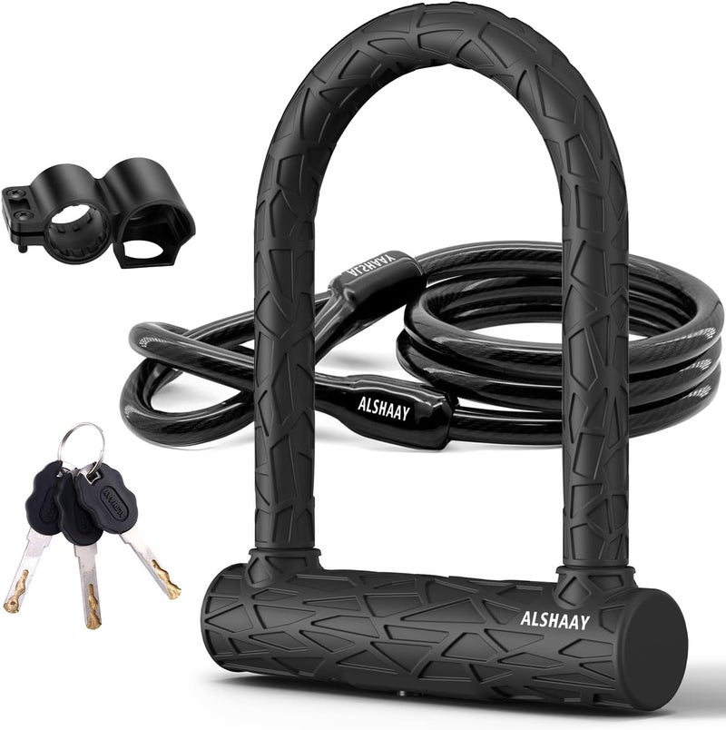 Alshaay Heavy Duty Bike U Lock - Super Strong 12 Ton Shear, 20mm U Shape Lock Anti-Theft Silicone Covered Electric Scooter Lock Keyhole with Sliding Cover 4ft Steel Cable with Mounting Bracket and 3 Keys(S) - Image 1